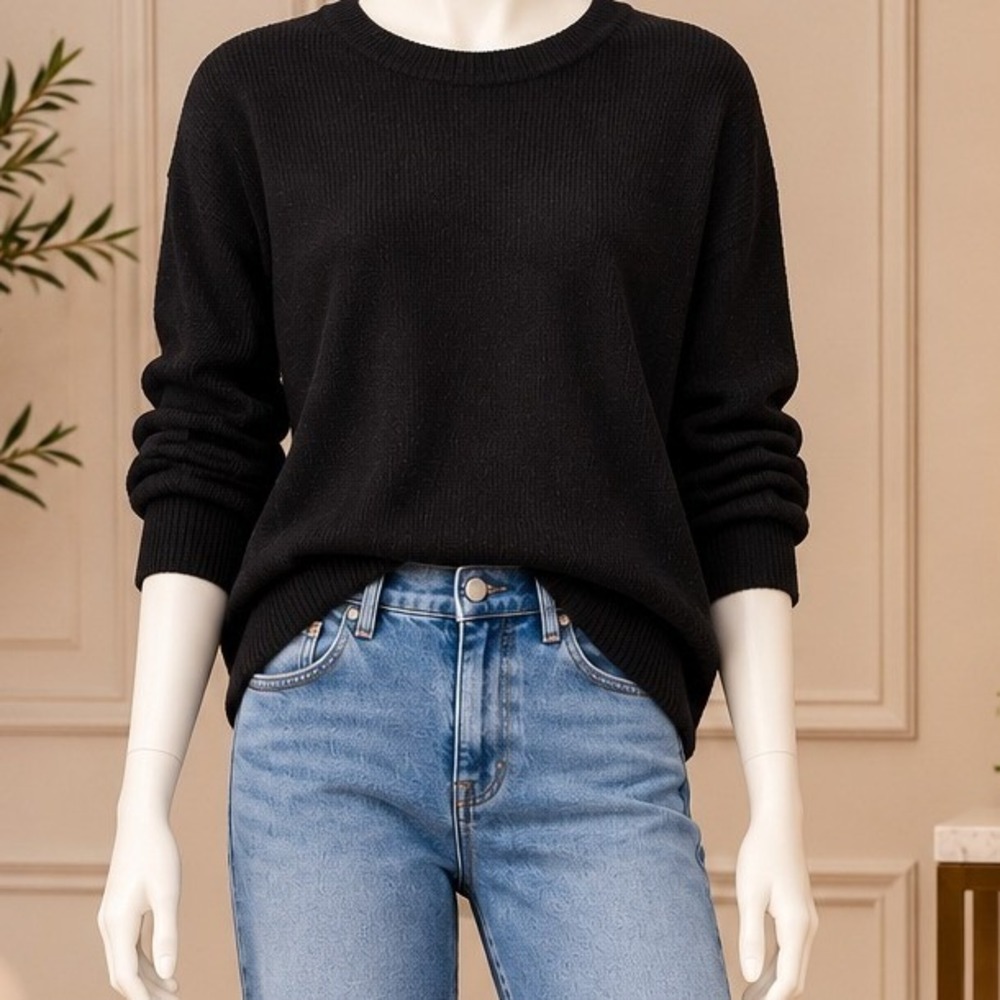 Forenza Women Sweater Black Solid Knit Crew Neck Made in USA Small